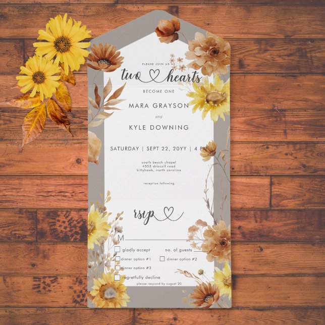 Invitación Todo En Uno Taupe de girasol rústico otoñal y cena blanca (Rustic Autumn Sunflower Taupe & White Dinner All In One Invitation)