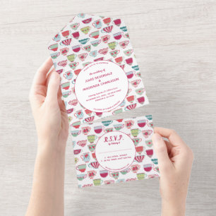 Invitación Todo En Uno Té Cups Boda Vintage Moderna