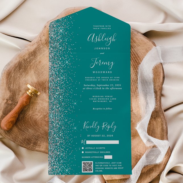 Invitación Todo En Uno Teal Blue Silver Glitter QR Code Wedding (Subido por el creador)