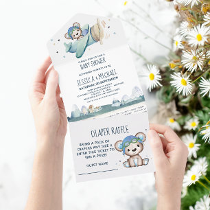 Invitación Todo En Uno Teddy Bear Airplane Diaper Raffle y Baby Shower