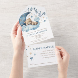 Invitación Todo En Uno Teddy Oso Azul sobre el Baby Shower lunar