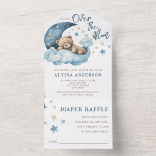 Invitación Todo En Uno Teddy Oso Azul sobre el Baby Shower lunar