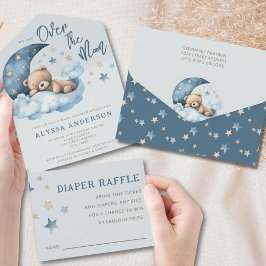 Invitación Todo En Uno Teddy Oso Azul sobre el Baby Shower lunar