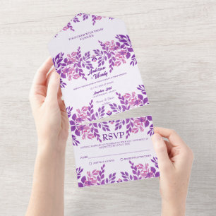 Invitación Todo En Uno Tema Boda de hojas moradas