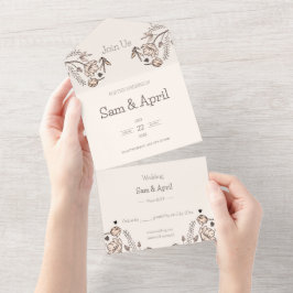 Invitación Todo En Uno Tema Boda floral marrón