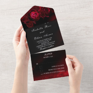 Invitación Todo En Uno Tema de Bodas Blanco Rojo y Negro