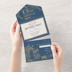 Invitación Todo En Uno Tema de Cuento de Hadas Castillo Carruaje Dorado y