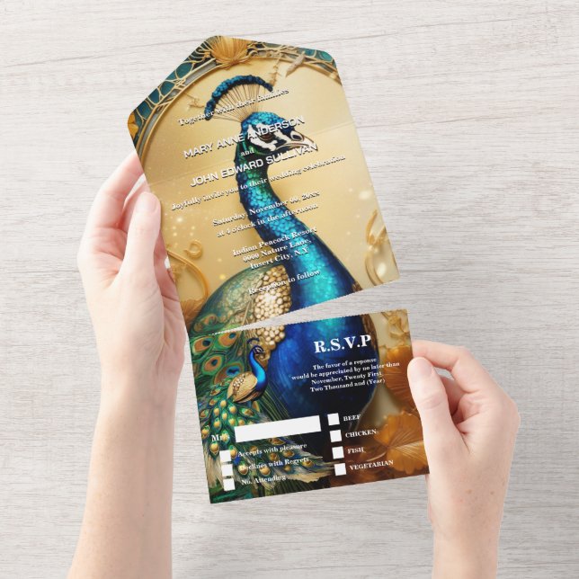 Invitación Todo En Uno Tema de pavo real boda ensayo de cena (desgarro)