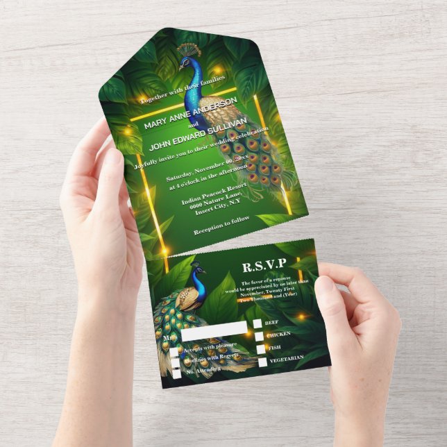 Invitación Todo En Uno Tema del pavo real de lujo lechuga 3D esmeralda az (desgarro)
