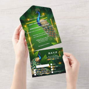 Invitación Todo En Uno Tema del pavo real de lujo lechuga 3D esmeralda az