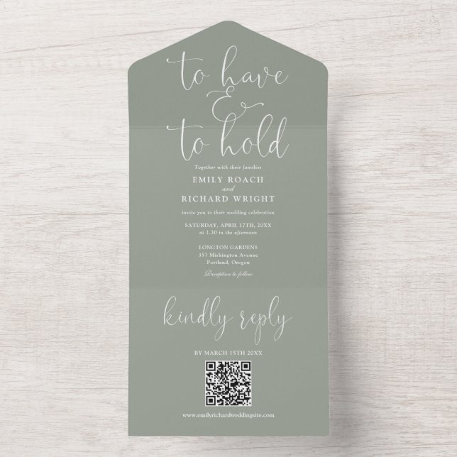 Invitación Todo En Uno Tener Y Sostener El Boda Verde Sage Del Código QR (Interior)