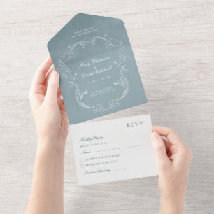 Invitación Todo En Uno Terciopelo Azul Ornamento Barroco Elegante Boda