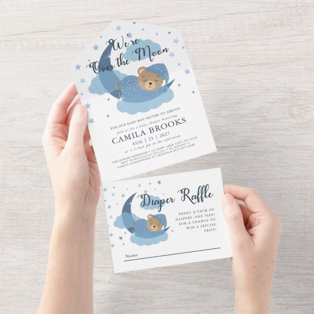 Invitación Todo En Uno Terminamos el Baby Shower de The Moon Sleeping Bea (desgarro)