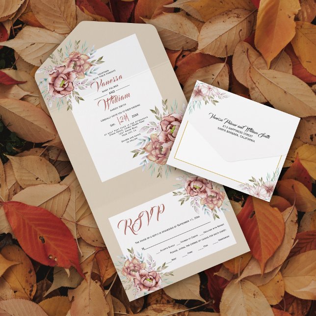 Invitación Todo En Uno Terracota acuarela flores beige otoño boda (Subido por el creador)