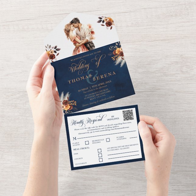 Invitación Todo En Uno Terracota azul marina QR código todo en un Boda (desgarro)