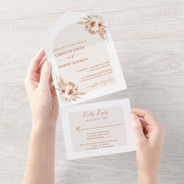 Invitación Todo En Uno Terracota bohemia moderna de pampas (desgarro)