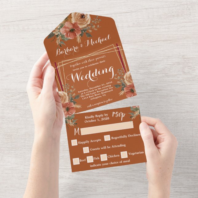 Invitación Todo En Uno Terracota Boho Otoño Floral Acuarela Boda Todo (desgarro)