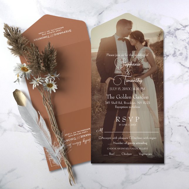 Invitación Todo En Uno Terracota moderna | Boda fotográfico Naranja quema (Simplify your wedding with our all-in-one invitation – convenience and beauty in a single card.)