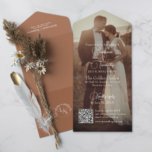 Invitación Todo En Uno Terracota moderna Boda fotográfico Naranja quema