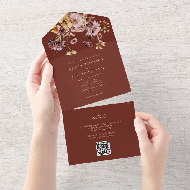Invitación Todo En Uno Terracota Rustic Fall Boda Floral QR (desgarro)