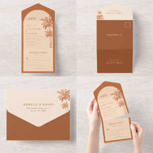 Invitación Todo En Uno Terracota tropical de palmeras y Boda de Cream Boh