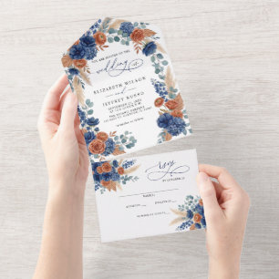 Invitación Todo En Uno Terracota Verde de Pampas Naval Boda Moderna