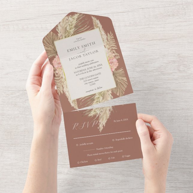 Invitación Todo En Uno Terracotta Boho boda Floral (desgarro)