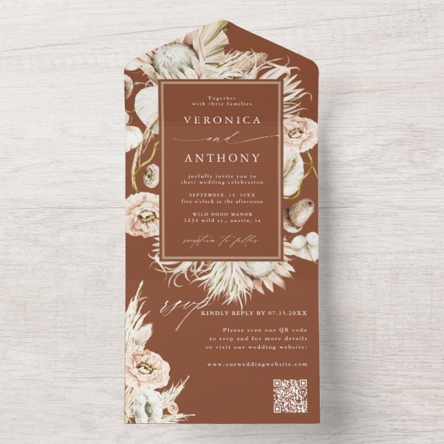 Invitación Todo En Uno Terracotta Boho Pampas Boda de Grasa Código QR (Interior)