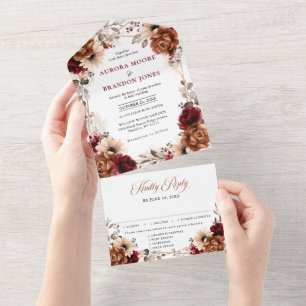 Invitación Todo En Uno Terracotta Burgundy Mauve Boda Geométrico Floral