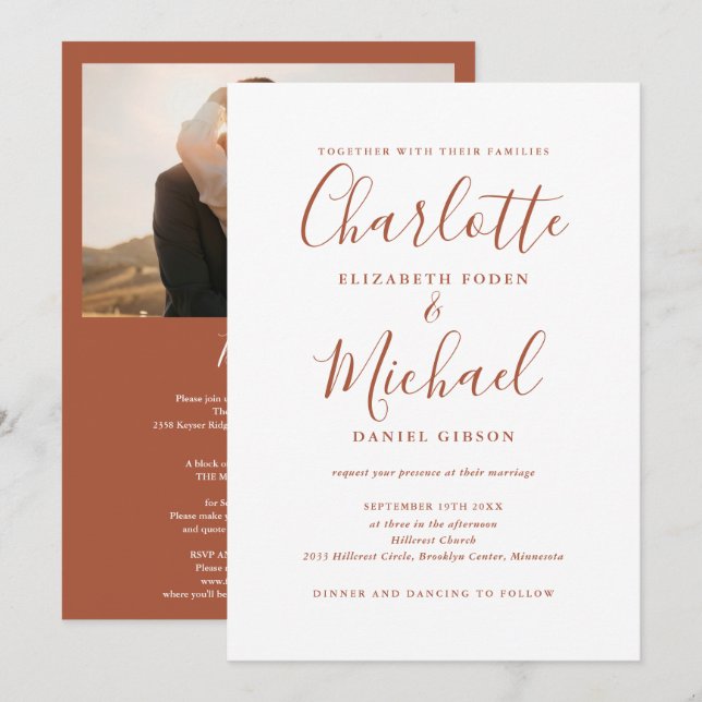 Invitación Todo en uno Terracotta Chic Script Boda con Foto (Anverso / Reverso)