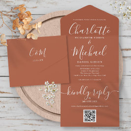 Invitación Todo En Uno Terracotta Código QR Script Boda Minimalista