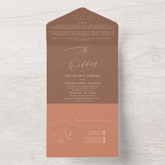 Invitación Todo En Uno Terracotta Dusty Naranja Elegant Boho Gold Boda (Interior)