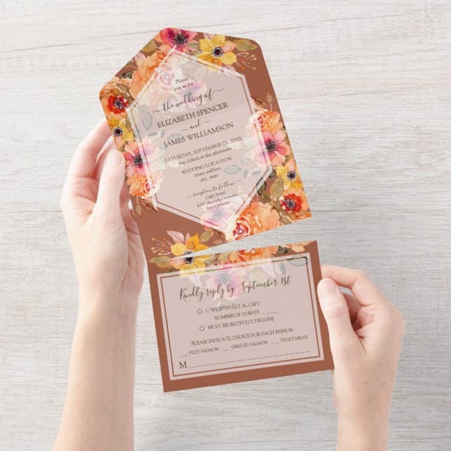 Invitación Todo En Uno Terracotta Fall Boda Floral (desgarro)
