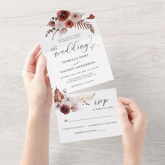 Invitación Todo En Uno Terracotta Fall Pumpkins Boho Boda Detalles RSVP (desgarro)