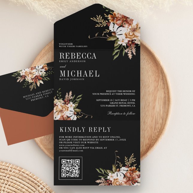 Invitación Todo En Uno Terracotta Floral Flor Silvestre Boda Negro (Subido por el creador)