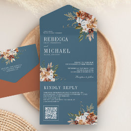 Invitación Todo En Uno Terracotta Floral Flor silvestre Dusty Azul Boda