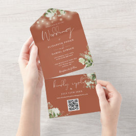 Invitación Todo En Uno Terracotta Floral String Lights QR Code Boda