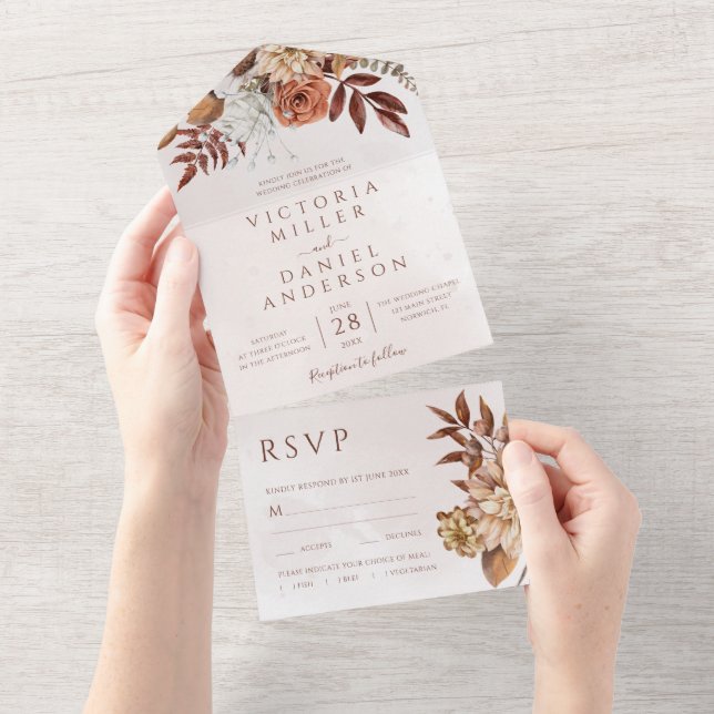 Invitación Todo En Uno Terracotta Flores de óxido Boho Fall Boda (desgarro)
