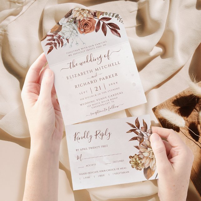 Invitación Todo En Uno Terracotta Flores de óxido Boho Fall Boda (Subido por el creador)