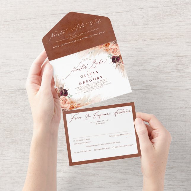 Invitación Todo En Uno Terracotta Flowers Pampas Grass Boda español (desgarro)
