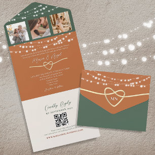 Invitación Todo En Uno Terracotta Green String Lights Boda QR Code