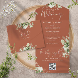 Invitación Todo En Uno Terracotta Greenery Código QR Monograma Boda