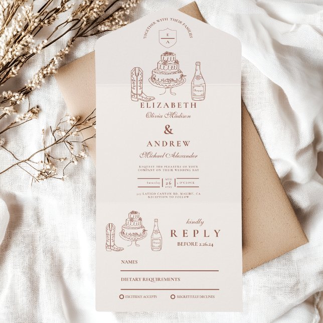 Invitación Todo En Uno Terracotta Hand Drawn Funky Western Doodle Boda (Subido por el creador)