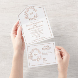 Invitación Todo En Uno Terracotta Leafy Escudo Monograma Boda