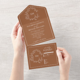 Invitación Todo En Uno Terracotta Leafy Escudo Monograma Boda