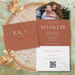 Invitación Todo En Uno Terracotta Monograma Código QR Foto Boda Fecha<br><div class="desc">Una elegante invitación a la boda minimalista todo en uno de terracota que incluye tu foto,  fecha especial y detalles de boda en una tipografía clásica de moda. La invitación incluye una tarjeta RSVP perforada con el código QR de su sitio web boda y detalles. Diseñado por Thisisnotme©</div>