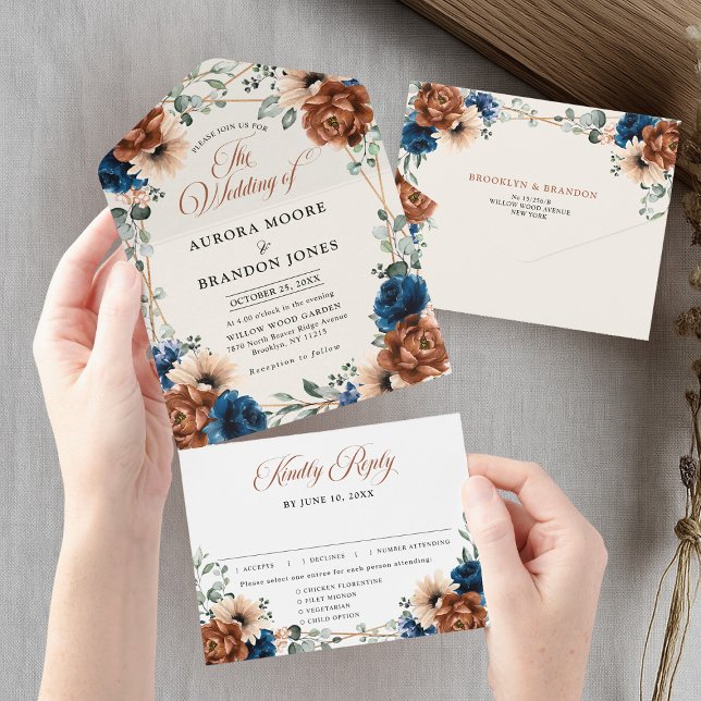 Invitación Todo En Uno Terracotta Navy Blue Greenery Boda Geométrico Al (Terracotta Navy Blue Greenery Geometric Wedding Al All In One Invitation)
