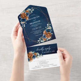 Invitación Todo En Uno Terracotta Navy Blue Greenery Boda Geométrico Al