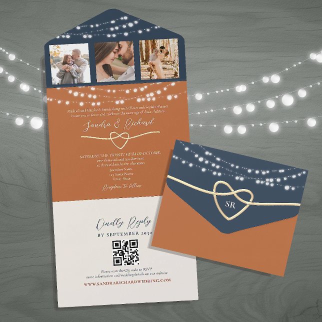 Invitación Todo En Uno Terracotta Navy Blue String Luces Boda Código QR (Subido por el creador)