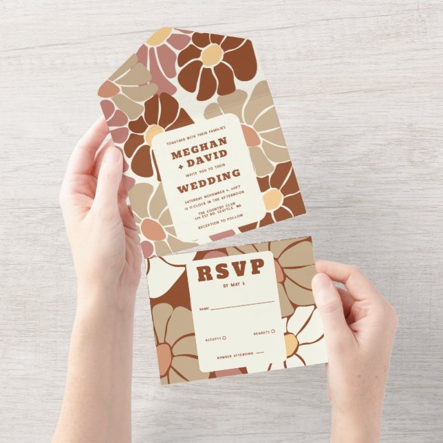 Invitación Todo En Uno Terracotta Retro Groovy Boho Moda Boda Floral (desgarro)